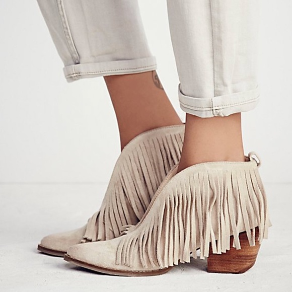Free People Shoes - Cream Burnished Distressed Fringe Bootie